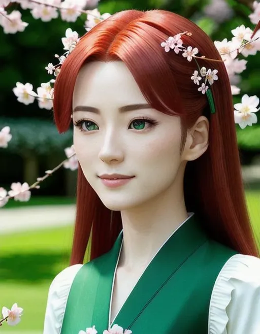 Prompt: 64K UHD HDR Realistic Sakura Kinomoto: Emerald Green Magic in Flowing Chestnut Locks. Cherry Blossom Hairpin, Symbol of Deep Connection. Serene Garden, Heartfelt Memories. Soft Sunlight, Magical Glow. Eye-Candy. Inspired by Unbreakable Bond.