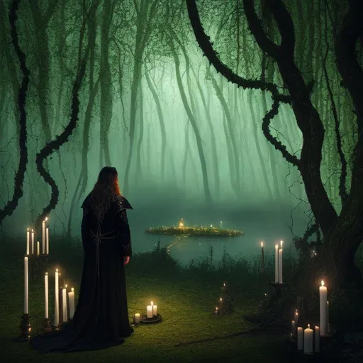 Prompt: back view of male sorcerer in the woods, ritual alter, candles lit, a vines, spring, forested area, birds, amulets, dark clothing, black jacket, long flowing hair, witchcraft, realistic eyes, apostate, vivid colors, masterpiece, art by HR Giger, dark contrast, 3D lighting, view of lake in background