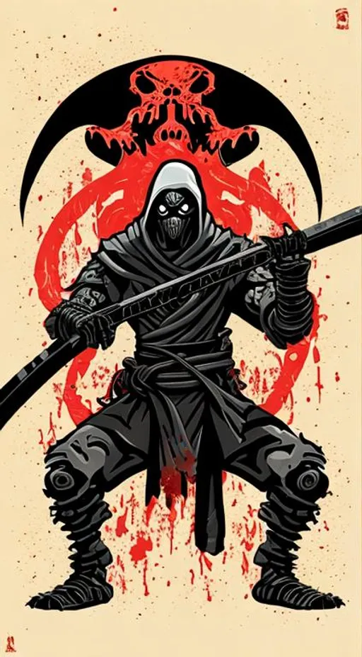Prompt: reaper ninja, in the style of emancicore, tachist, art of tonga, animalier, ad posters, pentax espio mini, ratcore, graphic art