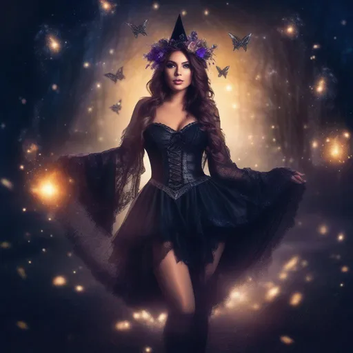 Prompt: Gorgeouse full body image of buxom woman in a fairy style, witch outfit at night with sprites flying around