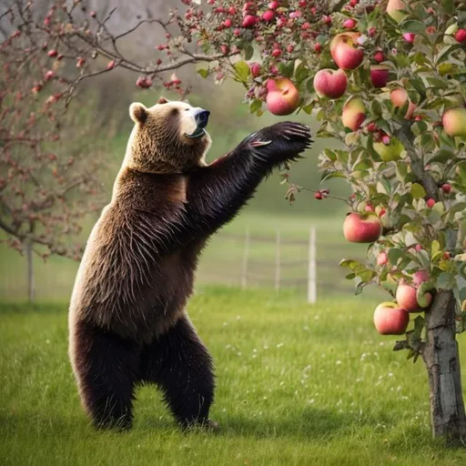 A bear reaching up apple tree for apples