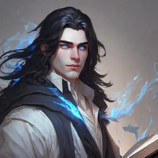 Prompt: beautiful, darkly handsome, young man, wizard, uneven long black hair, bookish, pale skin, sharp features, mismatched black and bright blue eyes, concept art, epic lighting, finely-tuned, octane rendering