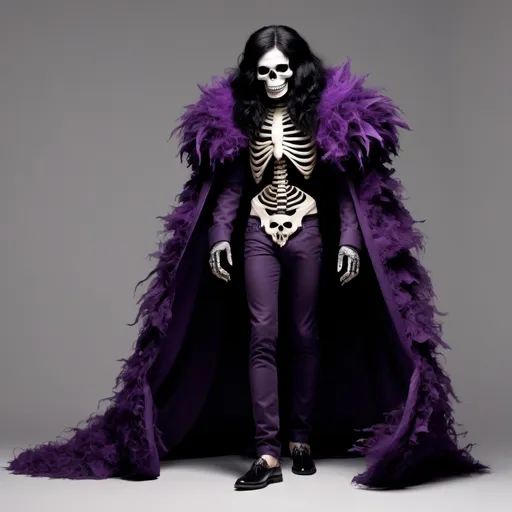 Prompt: Homestuck. Kurloz Makara. Fullbody view, plain background. Met gala, high quality render. High fashion. gray skin. Dark Carnival. Big fluffy black hair. Purple accents. Bones. Skull makeup