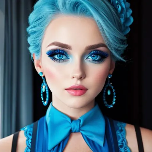 Prompt: A woman all in blue, blue eyes, pretty makeup