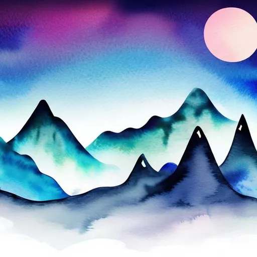 Prompt: water colour cute tall mountain 
background moonlight