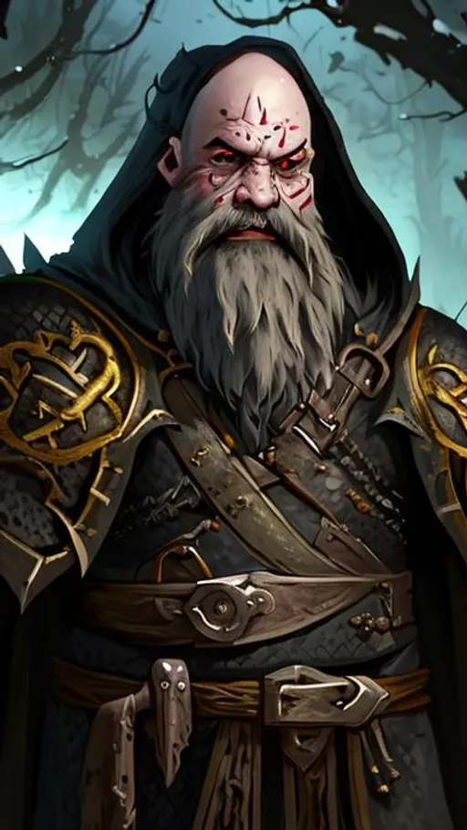 Prompt: A male dwarf with reddish-black beard and a bald head, sharp green eyes, a hooked nose, and bulky face with a slash scars.  Dressed in billowing black robes highlighted with yellow.  In the middle of the chest is a shadowy emblem of a woman with crows around her.  There is chainmail under the robes in places.  The right hand holds a very long ornate polearm with a raven shaped halberd blade on the ebony metal shaft.