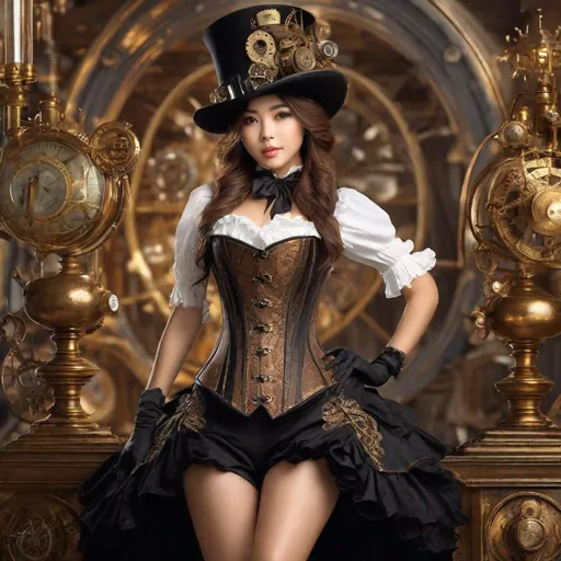 Prompt: pretty young Indonesian woman, 25 year old, (round face, high cheekbones, almond-shaped brown eyes, small delicate nose), steampunk outfit, black bustier corset, thighs uncovered, top hat, bronze sculpture by Lü Ji, cgsociety, rococo, steampunk, anime aesthetic, rococo masterpiece, intricate detail