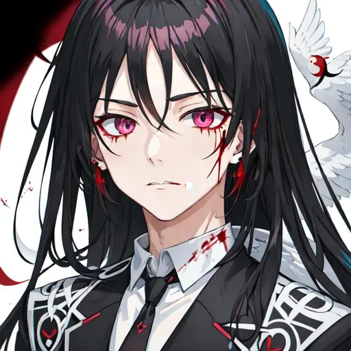 Prompt: 😈 👿 💀☠️ , anime german male with dove on his shoulder, blood on this suit, sakimi chan, an anime drawing, computer art, emoji art