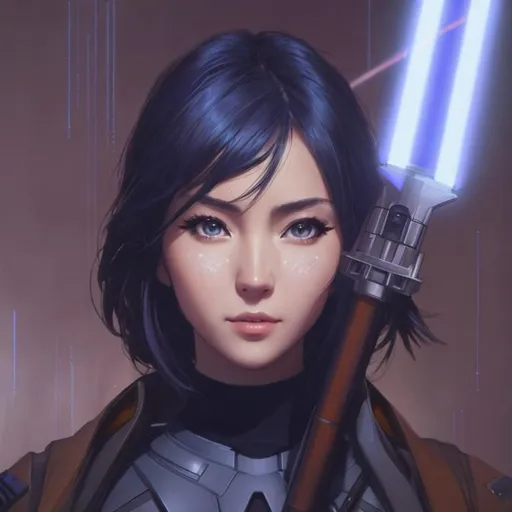 Prompt: UHD, hd , 8k,  anime, hyper realism, Very detailed, zoomed out view, futuristic cityscape, Star Wars, holding a lightsaber spear weapon, concept art, clear visible face, full character in view, clear visible face, Hyper realistic cartoon style of beautiful woman, happy face expression