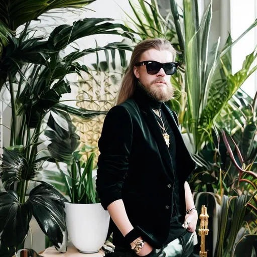 Prompt: Norwegian DJ with long hair and a long beard. He is wearing a black turtle neck and gold necklace. Danish modern house with tropical plants. He is wise and young. Star sunglasses. Blazer.