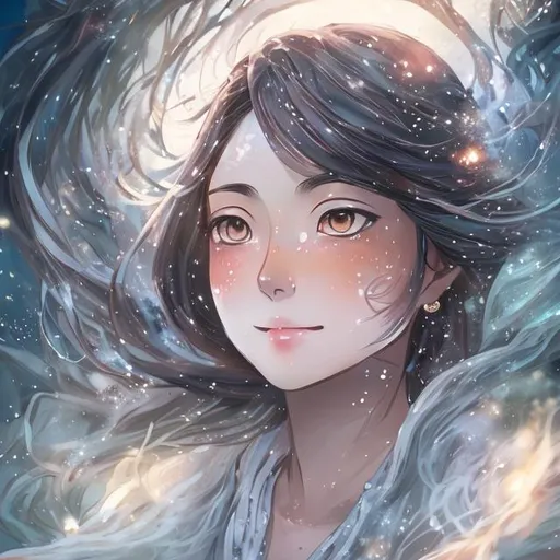 Prompt: "Create a captivating anime illustration of Hina from 'Weathering with You' that captures her ethereal and mystical aura. Envision Hina in an anime style, wearing a flowing and elegant outfit that resonates with her connection to weather manipulation. Focus on her eyes that hold a hint of wonder and power, and her gentle smile that reflects her nurturing personality. Surround her with elements that symbolize rain, clouds, and the sky, emphasizing her unique ability. Infuse the artwork with a mix of soft, dreamlike colors and a sense of calm serenity. Capture the essence of Hina's role in the story, showcasing her as a beacon of hope amidst changing weather patterns."
