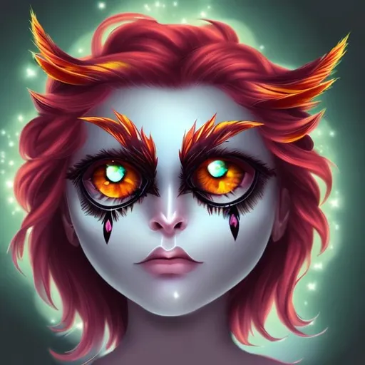 Prompt: Generate face of a red haired pixy, postpone eye creation, create owl eyes Merge with eyes with face