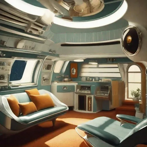 Prompt: Late 1950s, 1960s Retro-Futuristic spaceship living quarters in the style of "2001: A Space Odyssey". Detailed, 4k