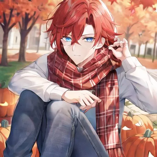 Prompt: Zerif 1male (l Red side-swept hair covering his right eye, blue eyes), highly detailed face, UHD, wearing a cozy flannel shirt and a pair of stylish jeans. In the park, fall.  wearing a scarf, looking up at the sky, in a pumpkin patch,  young adult. Handsome,  detailed, UHD, HD, 4K, highly detailed, red haze, masculine