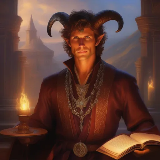 Prompt: (masterpiece, professional oil painting, epic digital art, best quality), Todd Howard as a tiefling sorcerer, intricately detailed skin, has a chain around his neck,