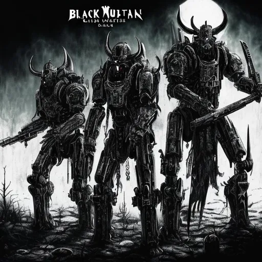 Prompt: A futuristic warfare last stand between Demonic robots attacking  humans black metal album cover

