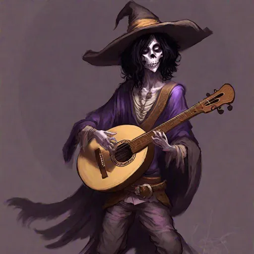 Prompt: Full body splash art of a sweet, cute, youthful, young, handsome, boyish undead zombie bard, singing and playing the lute, mummified pale face, shoulder long black hair, skinny, tyrian purple medieval noble clothes with puffy sleeves, floppy flat hat with feathers, D&D, dnd, fantasy, highly detailed, sharp focus, digital painting, trending on artstation, 4k, 8k, unreal engine