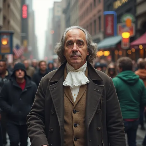 Prompt: @Ben Franklin is walking down a crowded city street