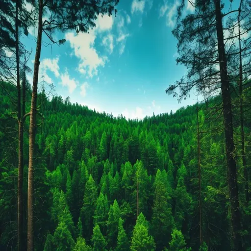 Prompt:  forest lush green blue sky tall trees big forest old dark forest landscape veiw