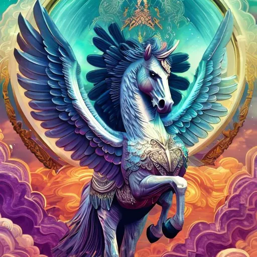 Prompt: Pegasus theme, Rainbow, High Details, HD, boho theme, ornate border frame, flavor text mtg, , elaborate, symmetrical, trending on artstation, rainbow illustration, 8k