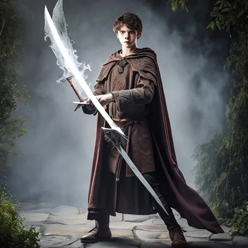 Prompt: young man holding a broadsword and casting magic, wearing a cloak full body image