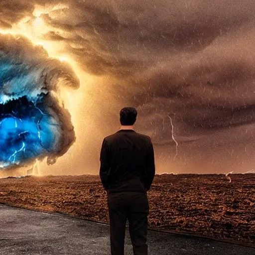 Prompt: A man meets himself in the middle of a storm--and then the world explodes.
