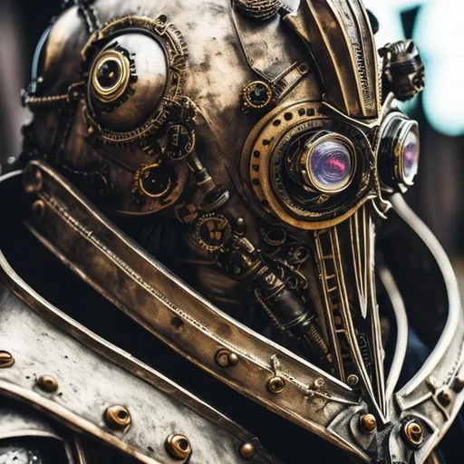 Prompt: Close-up of knight's helmet, eyes visible, medieval theme, steampunk-inspired, religious markings