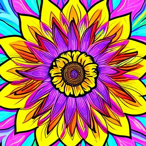 Prompt: Lisa Frank style illustration of sunflower psychedelic, detailed , outlines