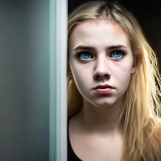 Prompt: sad young woman, blonde hair blue ayes, white t shirt 
on the opposite side of a window, dark background
