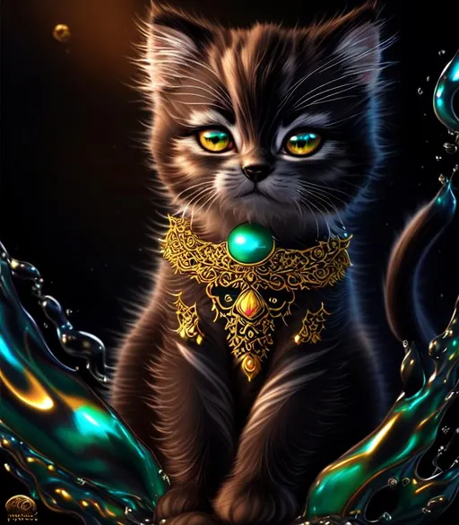 Prompt: Inky Epic Beautiful Liquid silver jade gold ivory coal(Beautiful playful {Furry!! Persian}Kitten plasma), hyper realistic,  expansive psychedelic background, hyper realistic, 8K --s99500