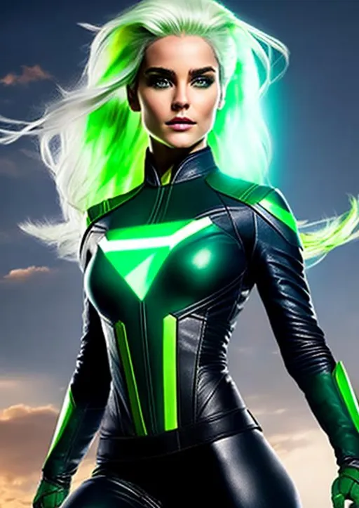 Prompt: High-resolution hyperrealistic photo of x-man rogue merged with polaris lorna dane, green hair with white forelock, green and gold costume, cropped leather jacket, uhd, hdr, 64k