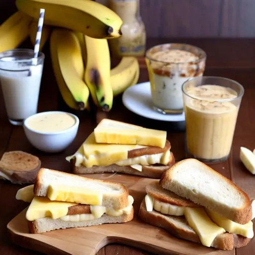 Prompt: seductress banana cheese sandwich on toast with cheese milkshake on a table made out of banana and cheese wood