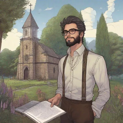 Prompt: a 30 years old man with white fethers instead of hairs. a pair of glasses on the eyes. a Baptist preacher dress. In background a rural parish. Changeling the Dreaming art. Rpg art. 2d art. 2d. well draw face. Detailed. 