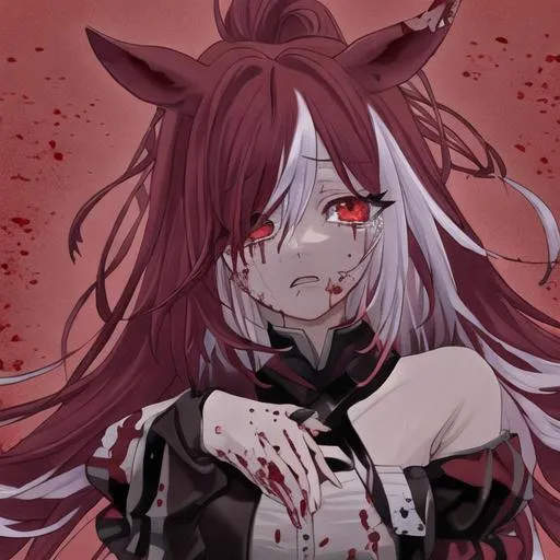 Prompt: Cherry as a horse girl with bright multi-color hair covered in blood crying, worried, feeling alone







