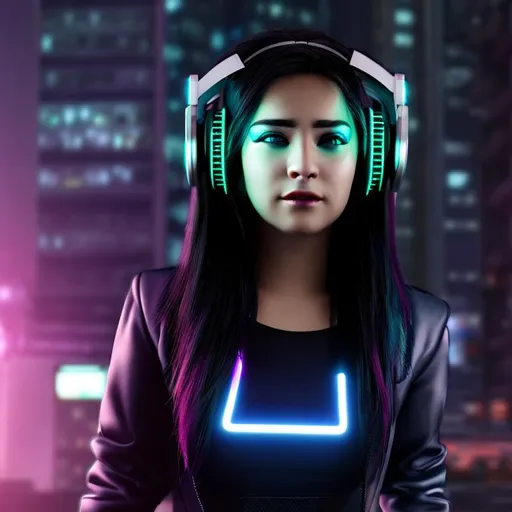 Prompt: cyberpunk hacker female, colored hair, headphones, neon lights, cyberpunk city, highly detailed, professional, render, Sharp focus, HD, UHD, HDR, hyperrealistic 
