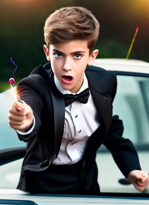 Prompt: Attractive 16 year old boy in a tuxedo driving a car angry and waving his magic wand at a bad driver from out of his window. He is getting ready point his wand and cast a spell on the driver. Sparkling magic is starting to form on the tip of his magic wand.