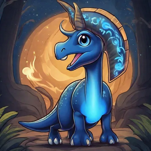Prompt: Parasaurolophus, softly glowing, orbs of blue flame circling, ebony dark night, Produce Flame, masterpiece, best quality, in chibi art style