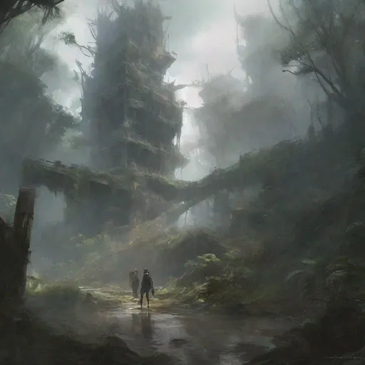 Prompt: concept art by Emerson Tung, masterpiece, 64k, award winning, high resolution, fairies, mythological, thick fog, cyberpunk ruins, forest, ethereal