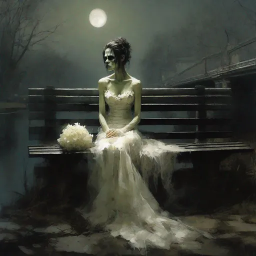 Prompt: "portrait of Moonlit beautiful Zombie bride sitting on a bench: sad, dramatic, eldritch,  moon, waiting on a bridge, holding white flowers in the night, ominous, whimsical,  watercolour art by Jeremy Mann: nekro: oil painting: high contrast: 3D: ultra fine_art: dramatic lighting: Van Gogh, fantasy: sharp focus: pencil sketch: professional photography: ZBrushCentral: finalRender: Unreal Engine 5: Deep colors: depth of field: Trending on Artstation, by Amina Bouraoui

