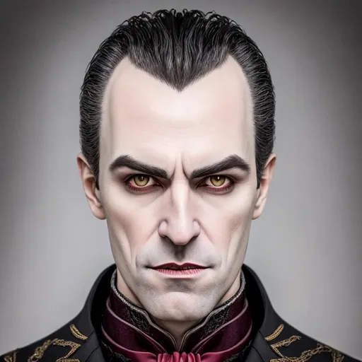 Prompt: photo realistic portrait of vampire Strahd Von Zarovich, centered in frame, facing camera, symmetrical face, ideal human, 85mm lens,f8, photography, ultra details, natural light, light background, photo, Studio lighting