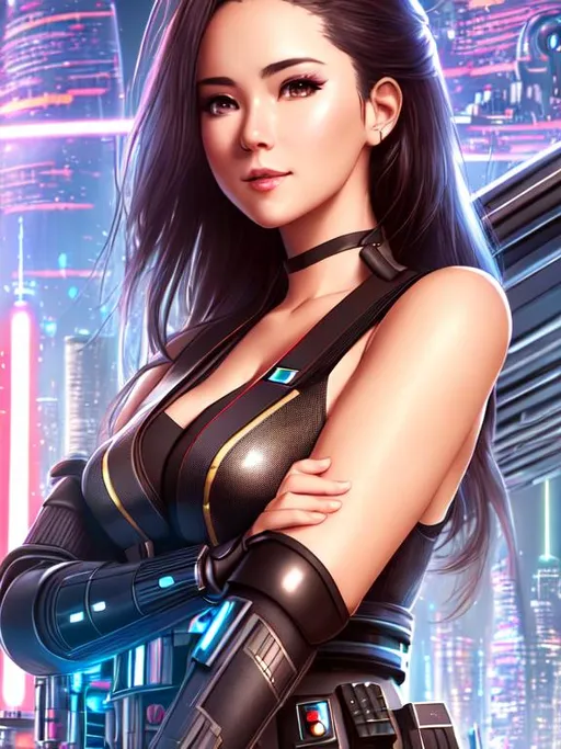 Prompt: UHD, hd , 8k,  anime, hyper realism, Very detailed, zoomed out view, futuristic cityscape, Star Wars, holding a lightsaber behind her back, concept art, clear visible face, full character in view, clear visible face, Hyper realistic cartoon style of beautiful woman, happy face expression