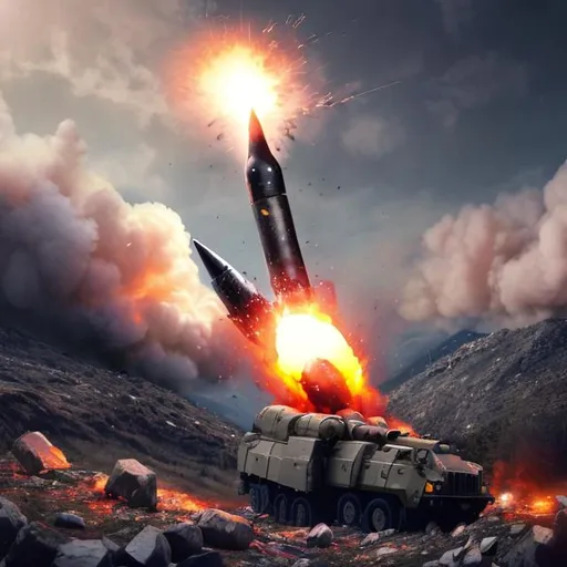 Prompt: a missile or rpg in mid explosion hitting a tank, on a mountain backdrop,glossy,cryptic photo, realistic.
