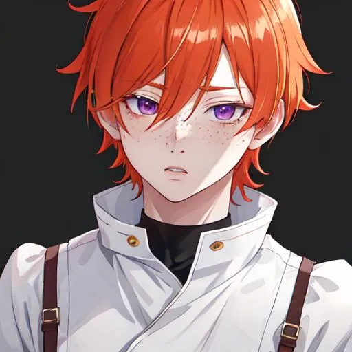 Prompt: Erikku male adult (short ginger hair, freckles, right eye blue left eye purple) UHD, 8K, Highly detailed, insane detail, best quality, high quality, anime style, tired, confused, sleepy