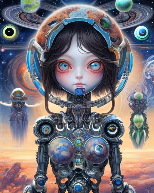 Prompt: robot girl with eyes and head of planets, in the style of the stars art group (xing xing), hyper-detailed illustrations, gadgetpunk, psychedelic manga, realistic figurative paintings, detailed world-building, culturally diverse elements