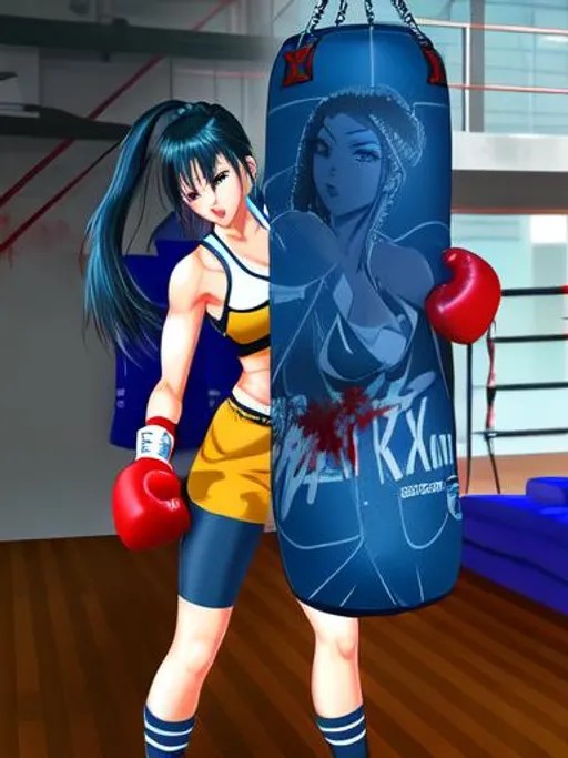 Prompt: Beautiful tallgirl punching bag muscle smashing punching sandbag Highdefinition photorealistic illustration highquality 3d anime blood brutal bloody gore guro 