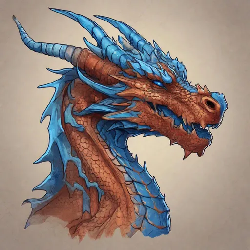 Prompt: Concept design of a dragon. Dragon head portrait. Side view. Coloring in the dragon is predominantly rusty-red with blue streaks and details present.