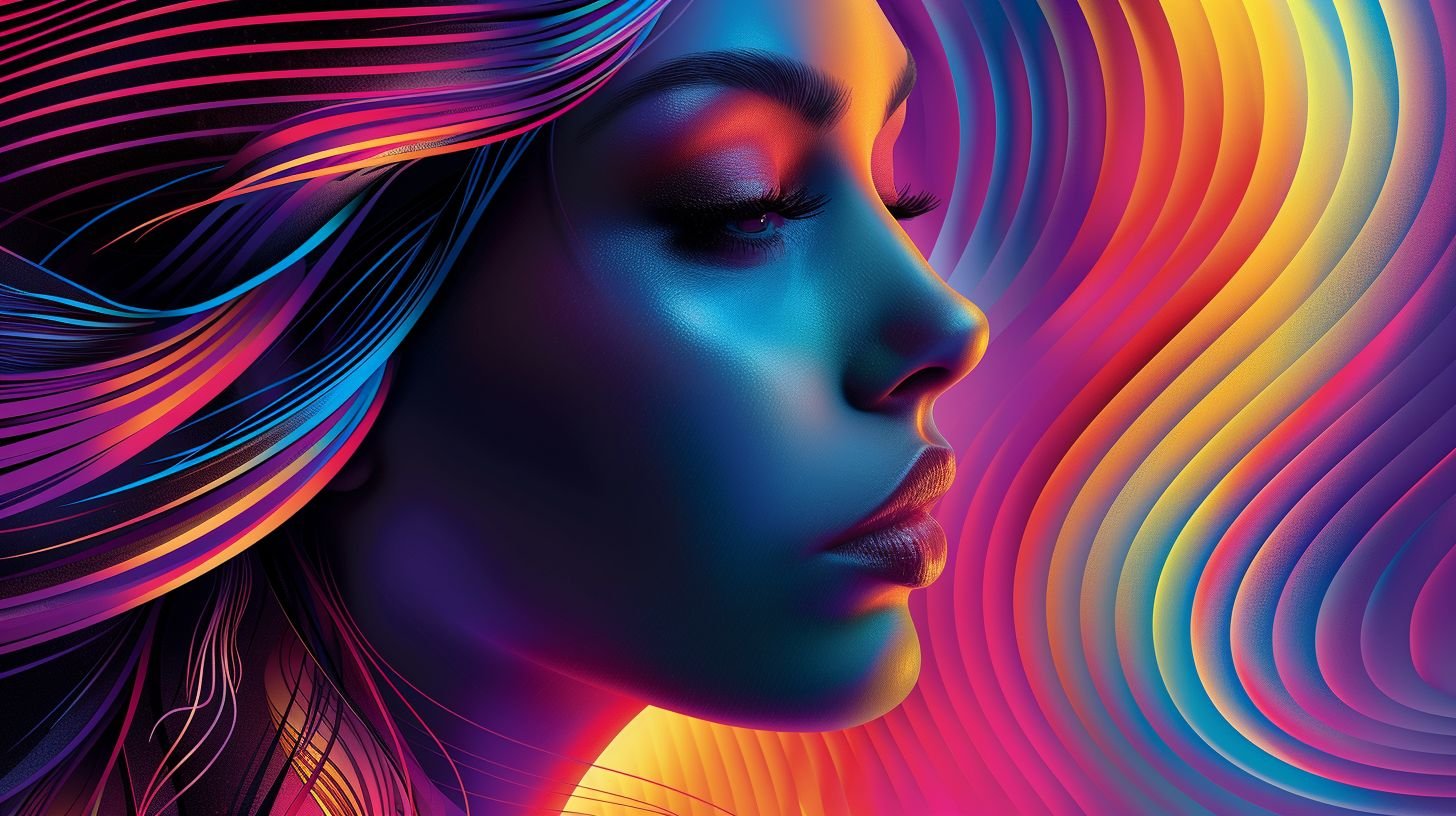Prompt: a woman with colorful hair and big eye is shown in this bright art, in the style of retro-futurism, felipe pantone, ivanovich pimenov, bold lithographic, shiny/glossy, colorful curves, 3d