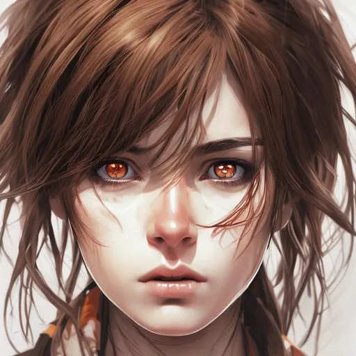 Prompt: portrait of a woman, she has brown eyes and hair, her expression is defiant, facing camera, concept art and anime style and photorealistic, symmetrical, themes of survival