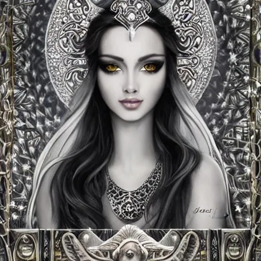 Prompt: Drawing of a {light goddess} with {horns}, {zilver and black tints}, with a cute face, {in the Ocean}, perfect proportions, perfect eyes, Perfect proportions, composition, hyperrealistic, super detailed, high quality, sharp focus, painting, intricate details, highly detailed, style Redeemer game 