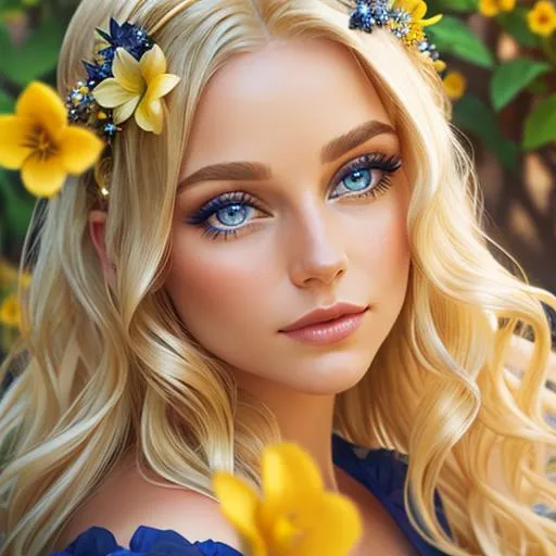 Prompt: Pixie dust princess, long blonde hair, sapphire eyes, yellow flowers in her hair,  facial closeup